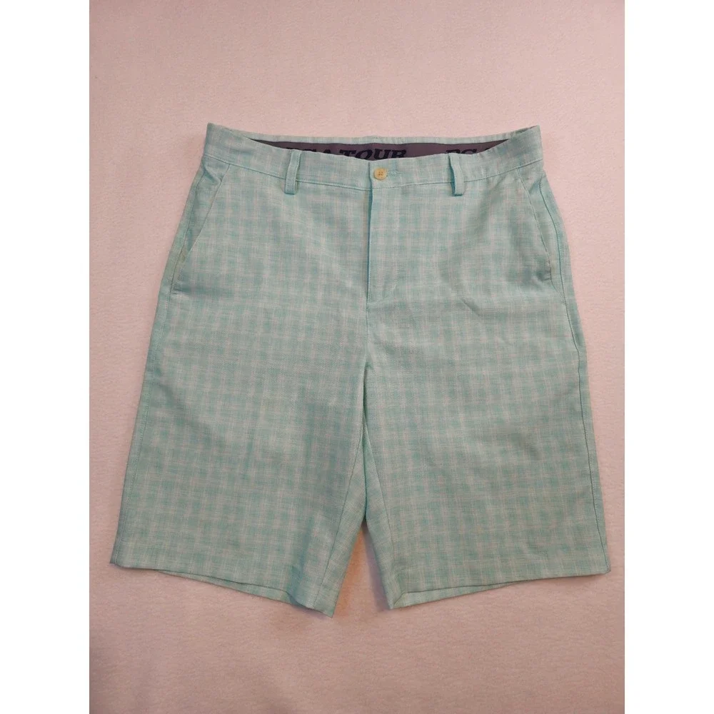PGA Tour Mens Mint Green Plaid Golf Shorts Size 32‎ Performance Flat Front 9in